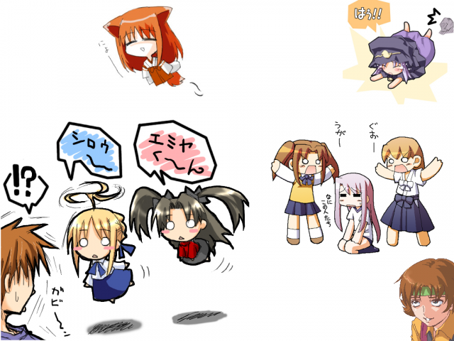 artoria pendragon (all)+caster+emiya shirou+fujimura taiga+illyasviel von einzbern+rider+saber+tohsaka rin+yumizuka satsuki