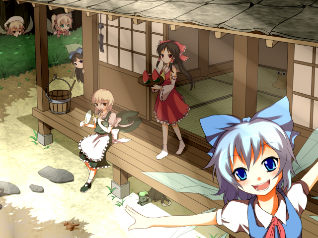 chen+chen (cat)+cirno+kirisame marisa+luna child+moriya suwako+mystia lorelei+mystia lorelei (bird)+pyonta+star sapphire+sunny milk