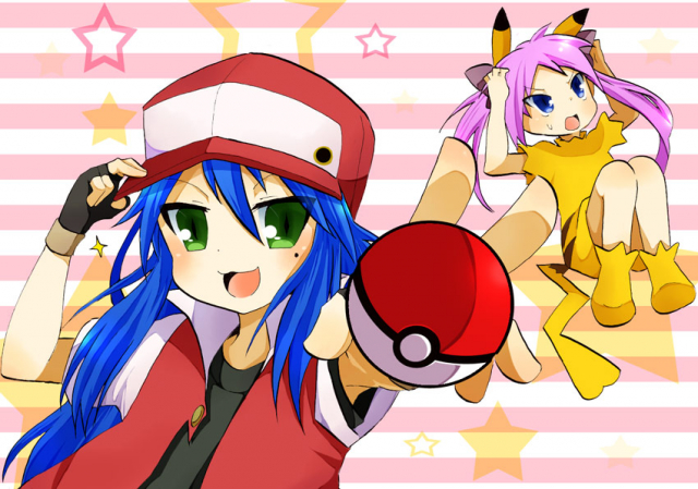 hiiragi kagami+izumi konata+red (pokemon)