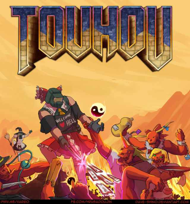 cyberdemon+doomguy+hakurei reimu+hoshiguma yuugi+ibuki suika+kirisame marisa+komeiji koishi+reiuji utsuho