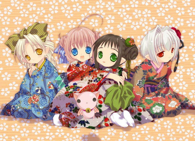 chiriri+hororo+kururu (bottle fairy)+oboro (binzume yousei)+oboro (bottle fairy)+sarara